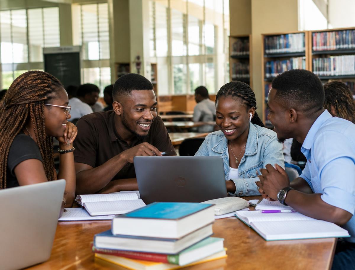 Students collaborating over laptops and books in a campus library