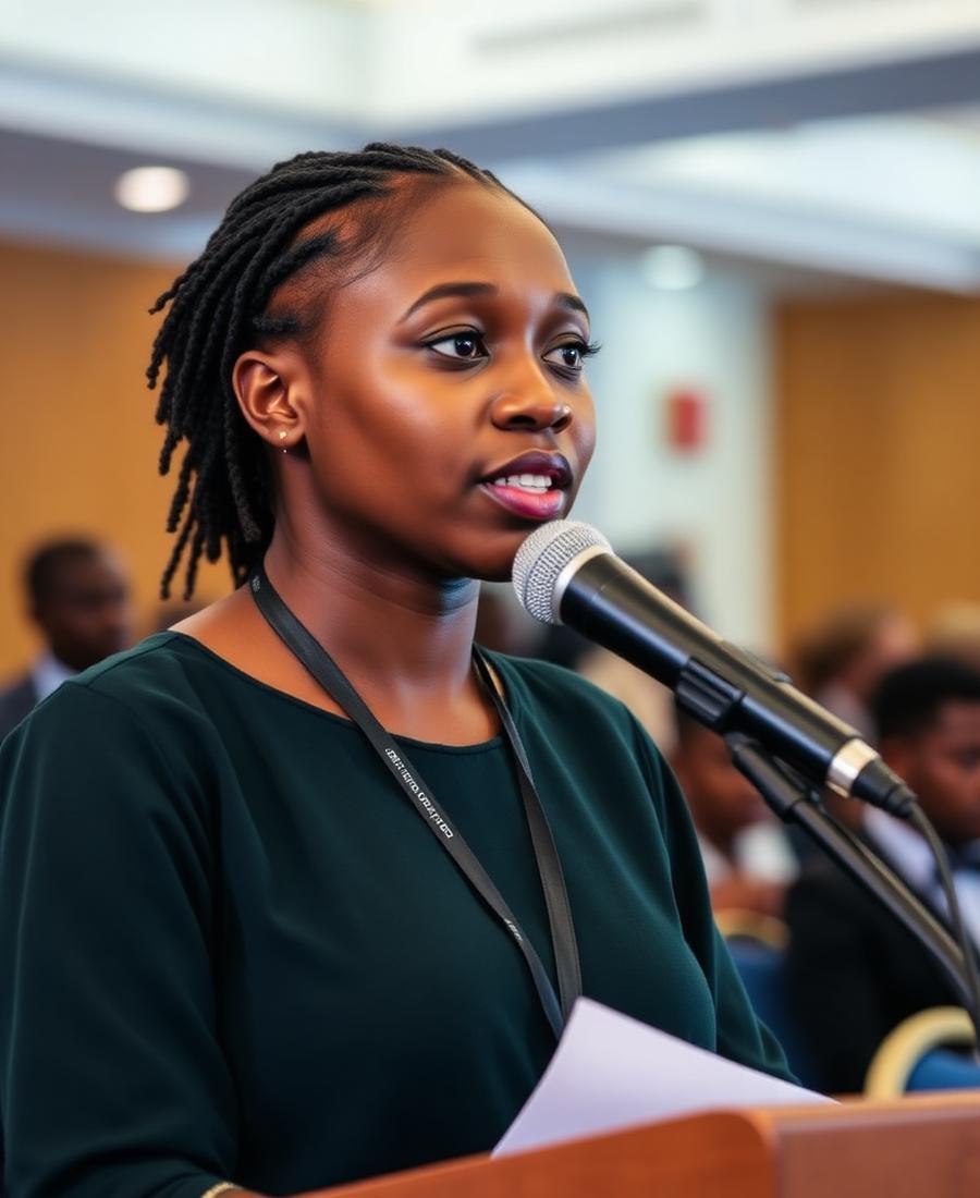 Student speaking at a podium with a microphone