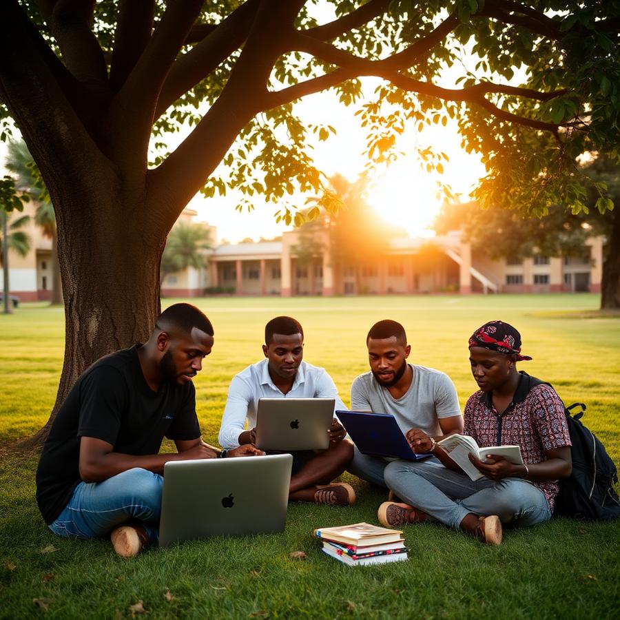 Students studying together on a campus lawn