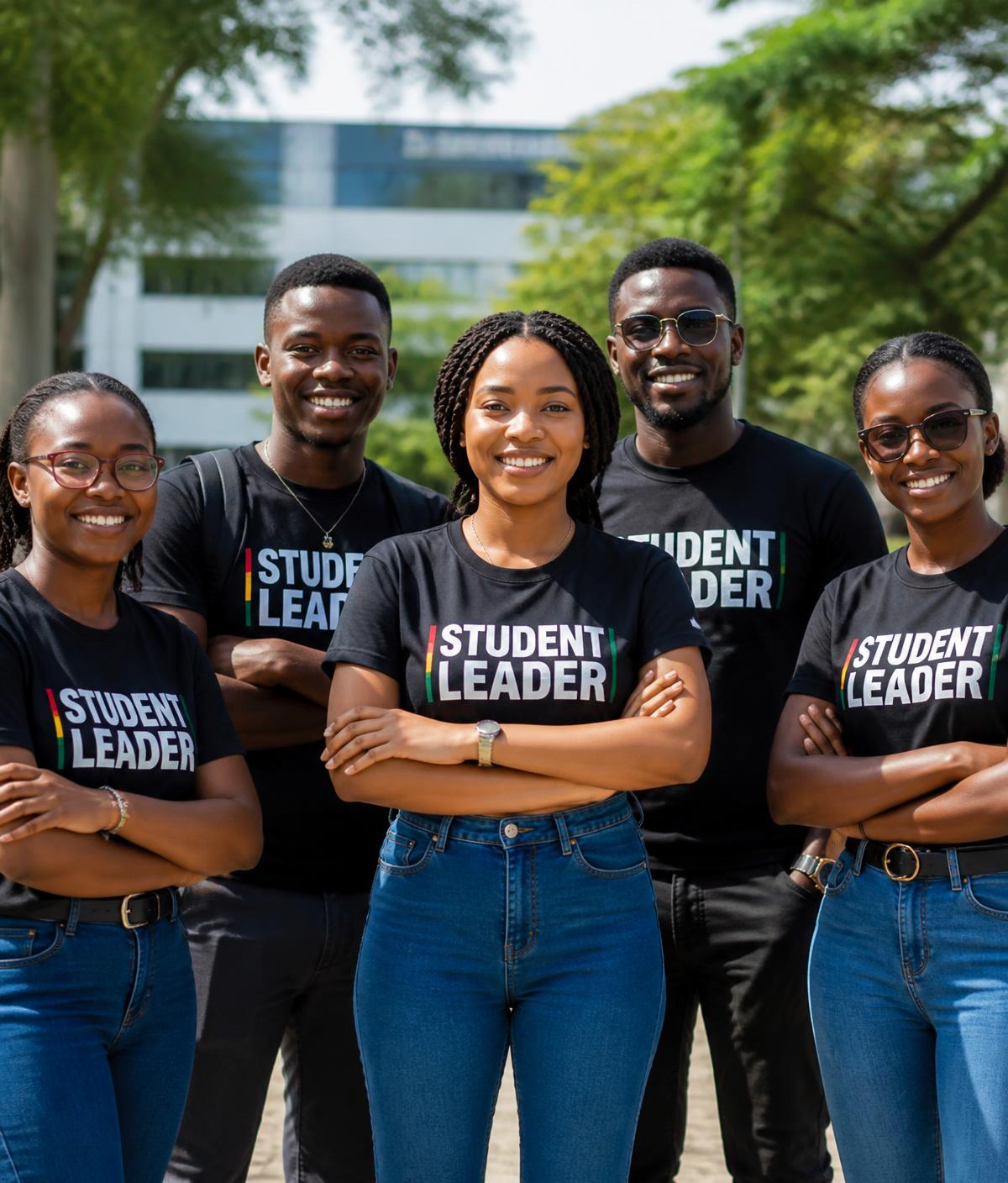 Ghanaian student leaders standing together on a university campus
