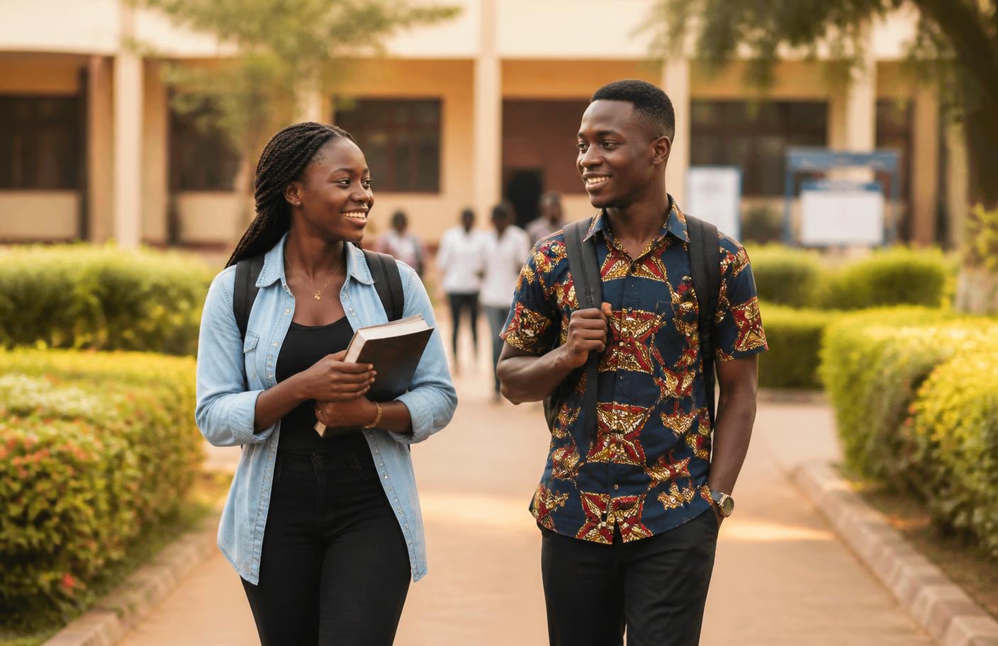 Two students walking together and talking on campus